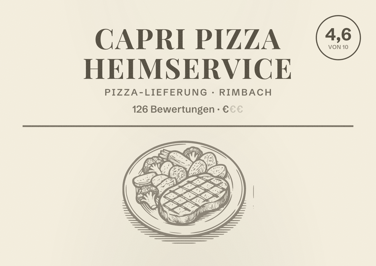 Illustriertes Poster von Capri Pizza Heimservice, Pizza-Lieferung in Rimbach: Bewertung 4,6 von 10 aus 126 Bewertungen, Preisniveau €