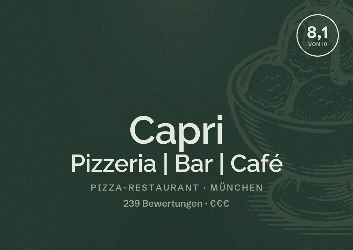 Illustriertes Poster von Capri Pizzeria | Bar | Café, Pizza-Restaurant in München: Bewertung 8,1 von 10 aus 239 Bewertungen, Preisniveau €€€