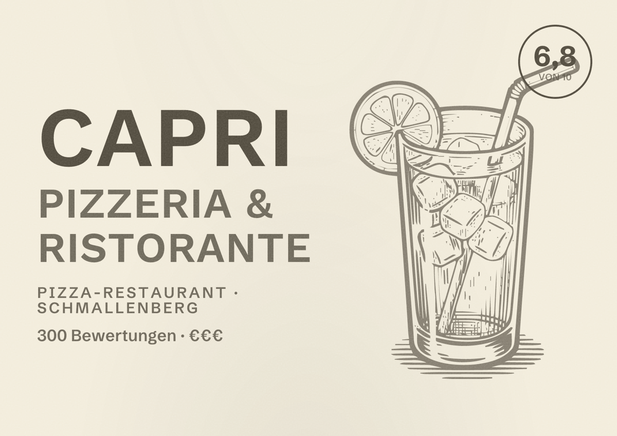 Illustriertes Poster von Capri Pizzeria & Ristorante, Pizza-Restaurant in Schmallenberg: Bewertung 6,8 von 10 aus 300 Bewertungen, Preisniveau €€€