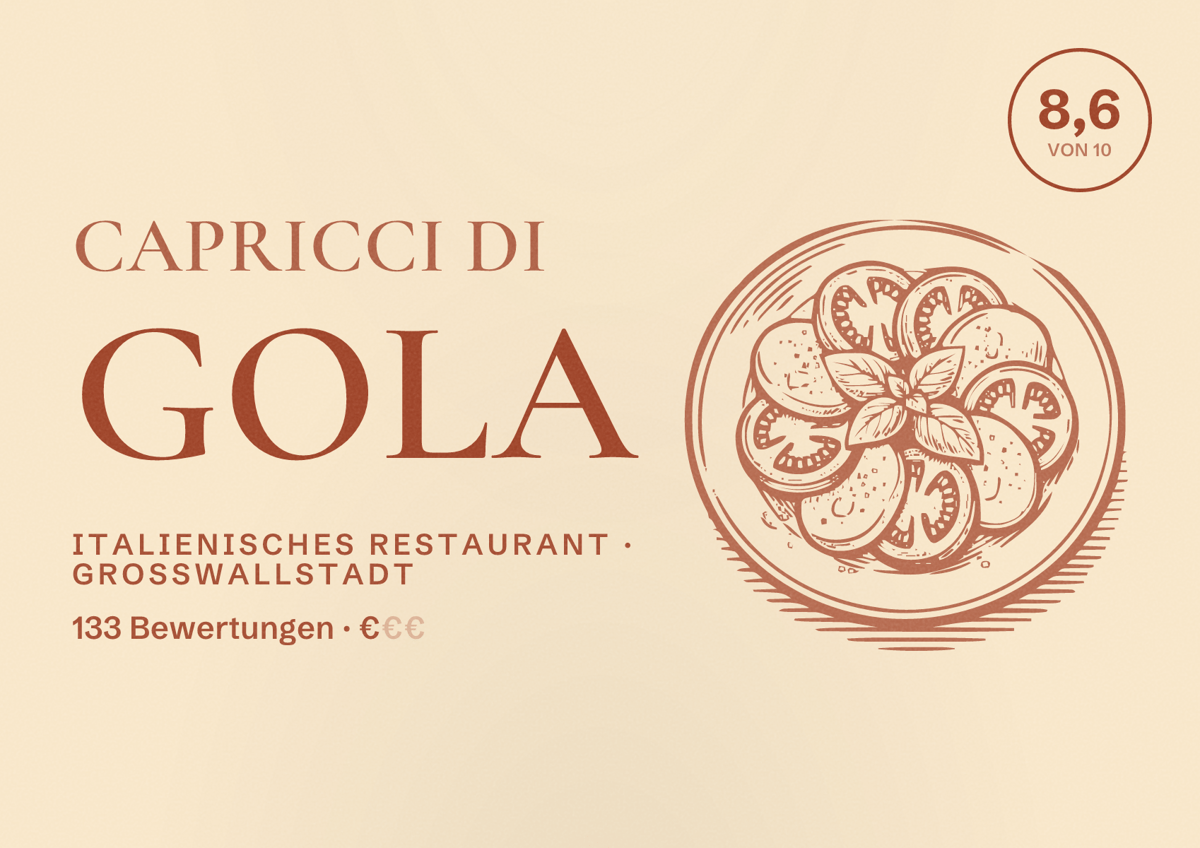 Illustriertes Poster von Capricci di gola, Italienisches Restaurant in Großwallstadt: Bewertung 8,6 von 10 aus 133 Bewertungen, Preisniveau €