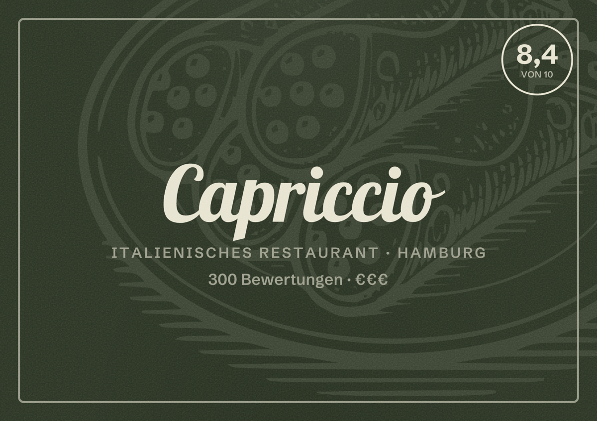 Illustriertes Poster von Capriccio, Italienisches Restaurant in Hamburg: Bewertung 8,4 von 10 aus 300 Bewertungen, Preisniveau €€€