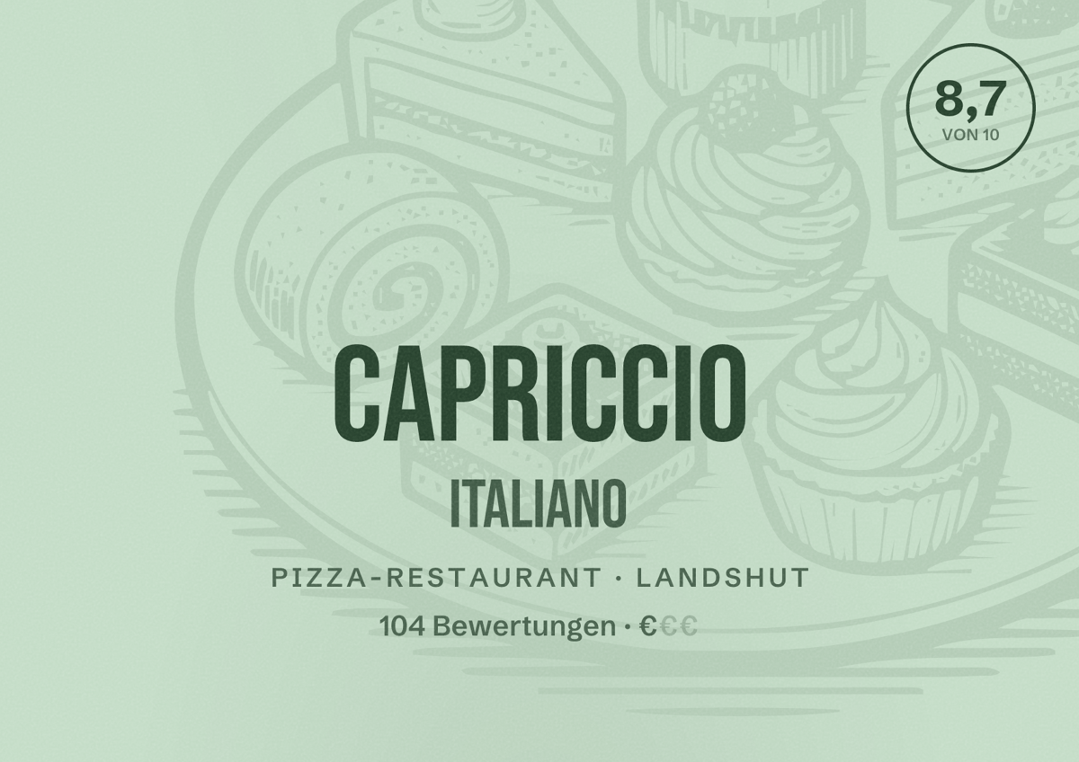 Illustriertes Poster von Capriccio Italiano, Pizza-Restaurant in Landshut: Bewertung 8,7 von 10 aus 104 Bewertungen, Preisniveau €