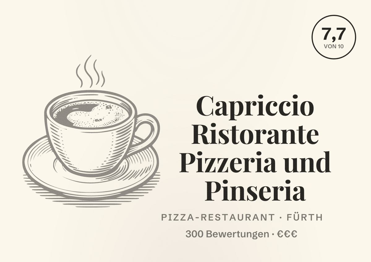 Illustriertes Poster von Capriccio Ristorante Pizzeria und Pinseria, Pizza-Restaurant in Fürth: Bewertung 7,7 von 10 aus 300 Bewertungen, Preisniveau €€€