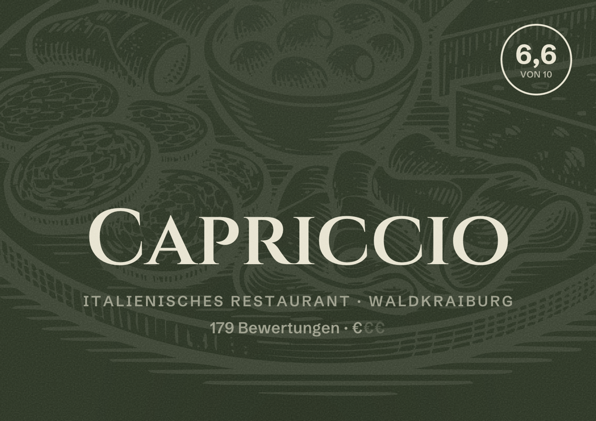 Illustriertes Poster von Capriccio, Italienisches Restaurant in Waldkraiburg: Bewertung 6,6 von 10 aus 179 Bewertungen, Preisniveau €