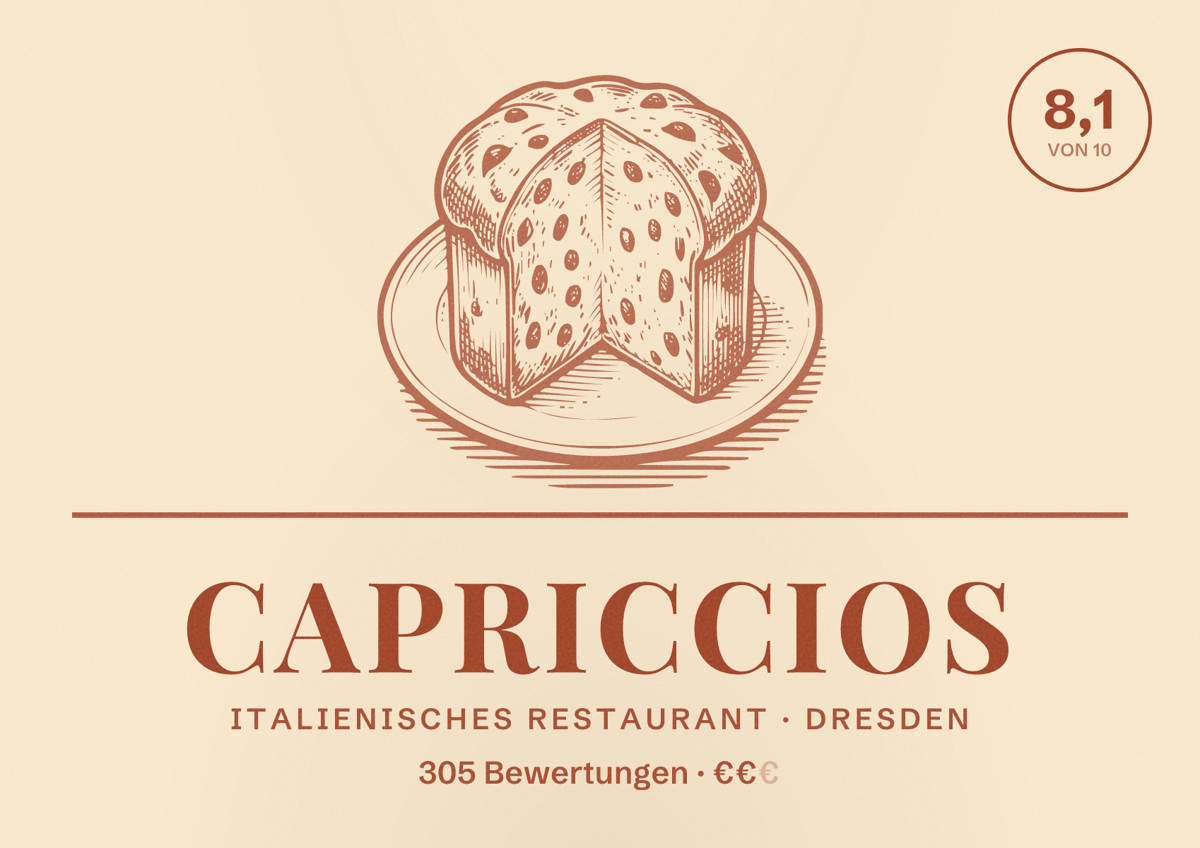Illustriertes Poster von Capriccios, Italienisches Restaurant in Dresden: Bewertung 8,1 von 10 aus 305 Bewertungen, Preisniveau €€