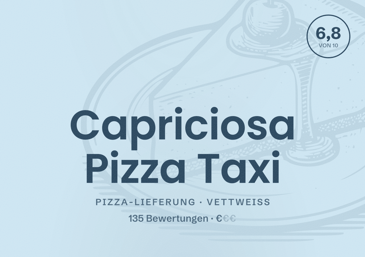 Illustriertes Poster von Capriciosa Pizza Taxi, Pizza-Lieferung in Vettweiß: Bewertung 6,8 von 10 aus 135 Bewertungen, Preisniveau €