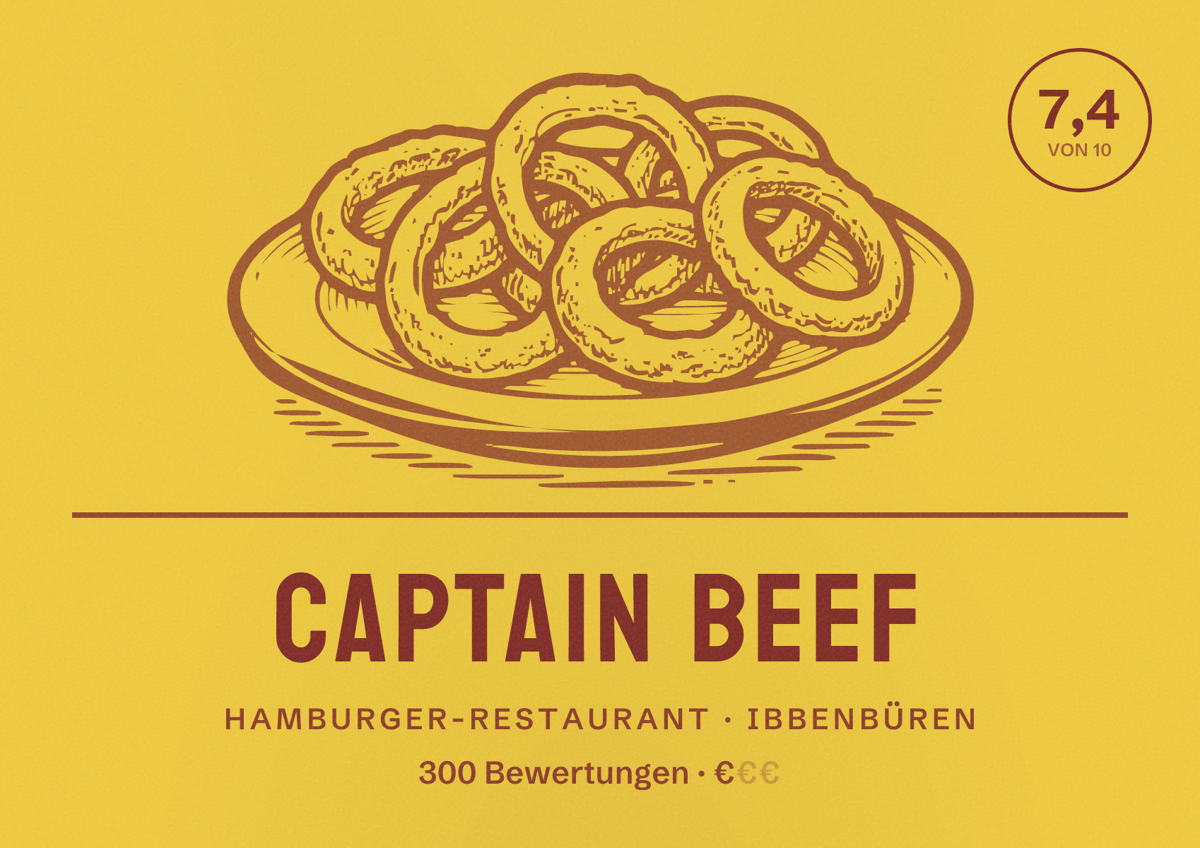 Illustriertes Poster von Captain Beef, Hamburger-Restaurant in Ibbenbüren: Bewertung 7,4 von 10 aus 300 Bewertungen, Preisniveau €