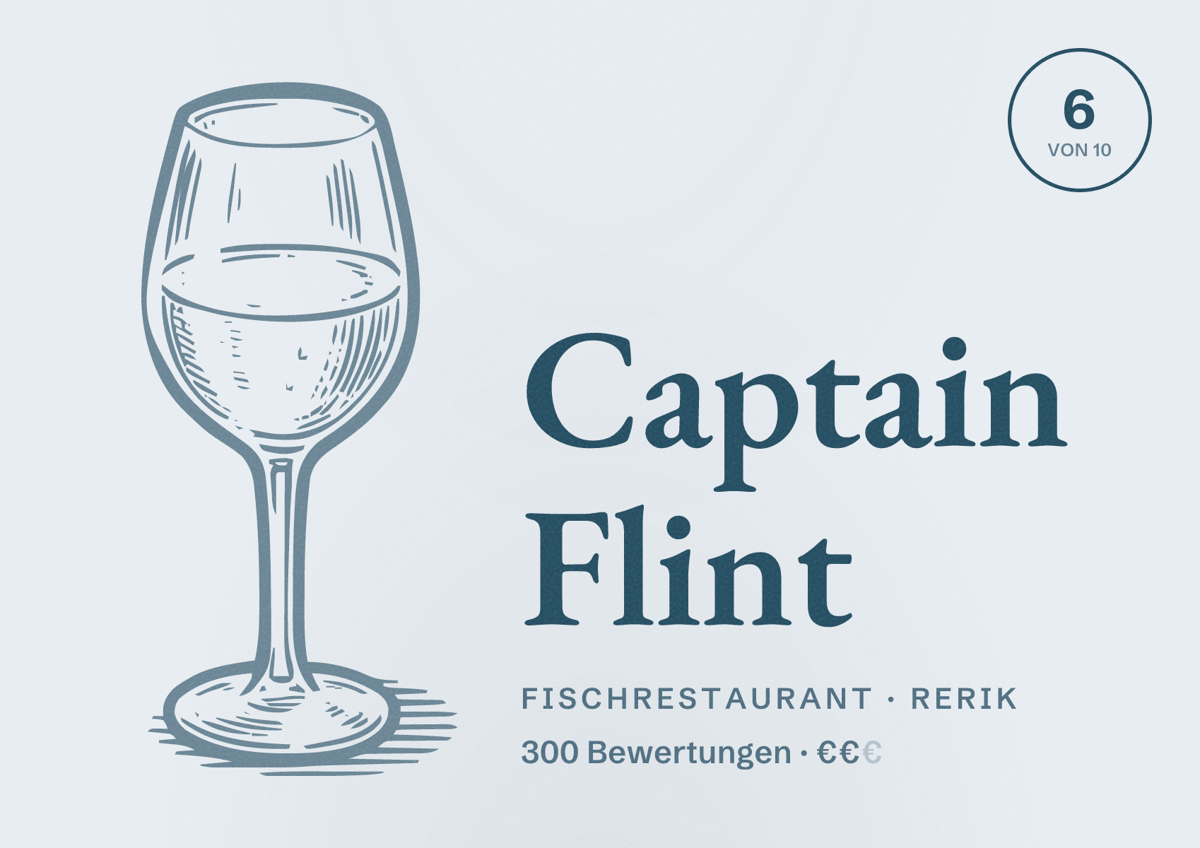 Illustriertes Poster von Captain Flint, Fischrestaurant in Rerik: Bewertung 6 von 10 aus 300 Bewertungen, Preisniveau €€