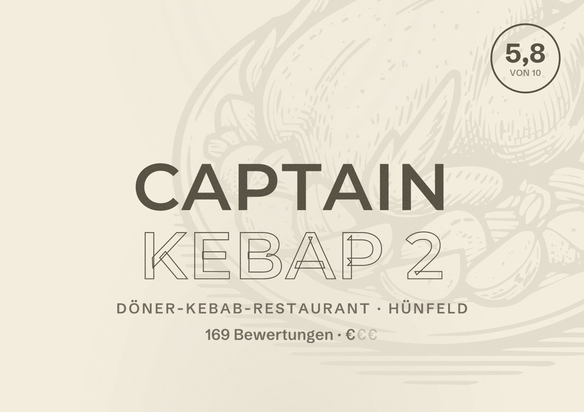 Illustriertes Poster von Captain Kebap 2, Döner-Kebab-Restaurant in Hünfeld: Bewertung 5,8 von 10 aus 169 Bewertungen, Preisniveau €