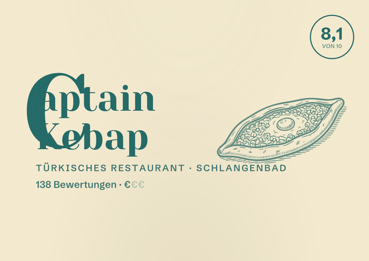 Illustriertes Poster von Captain Kebap, Türkisches Restaurant in Schlangenbad: Bewertung 8,1 von 10 aus 138 Bewertungen, Preisniveau €