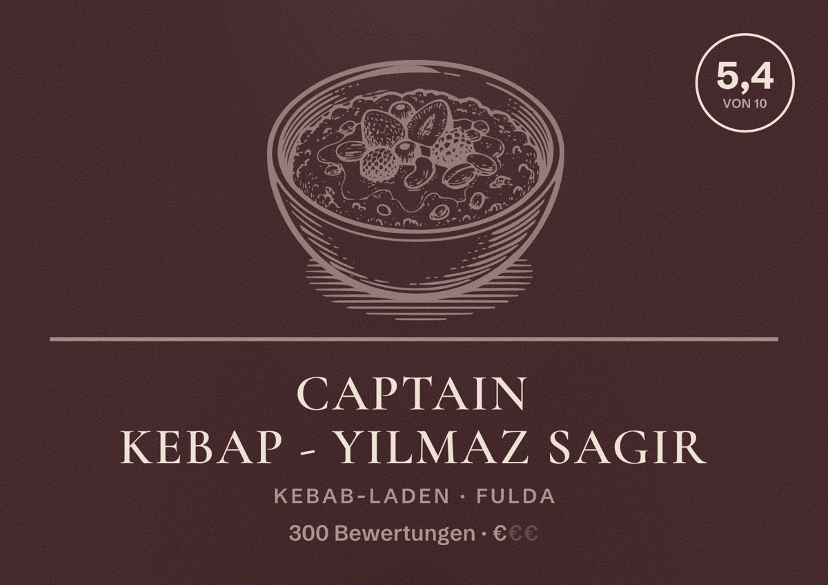 Illustriertes Poster von Captain Kebap - Yilmaz Sagir, Kebab-Laden in Fulda: Bewertung 5,4 von 10 aus 300 Bewertungen, Preisniveau €