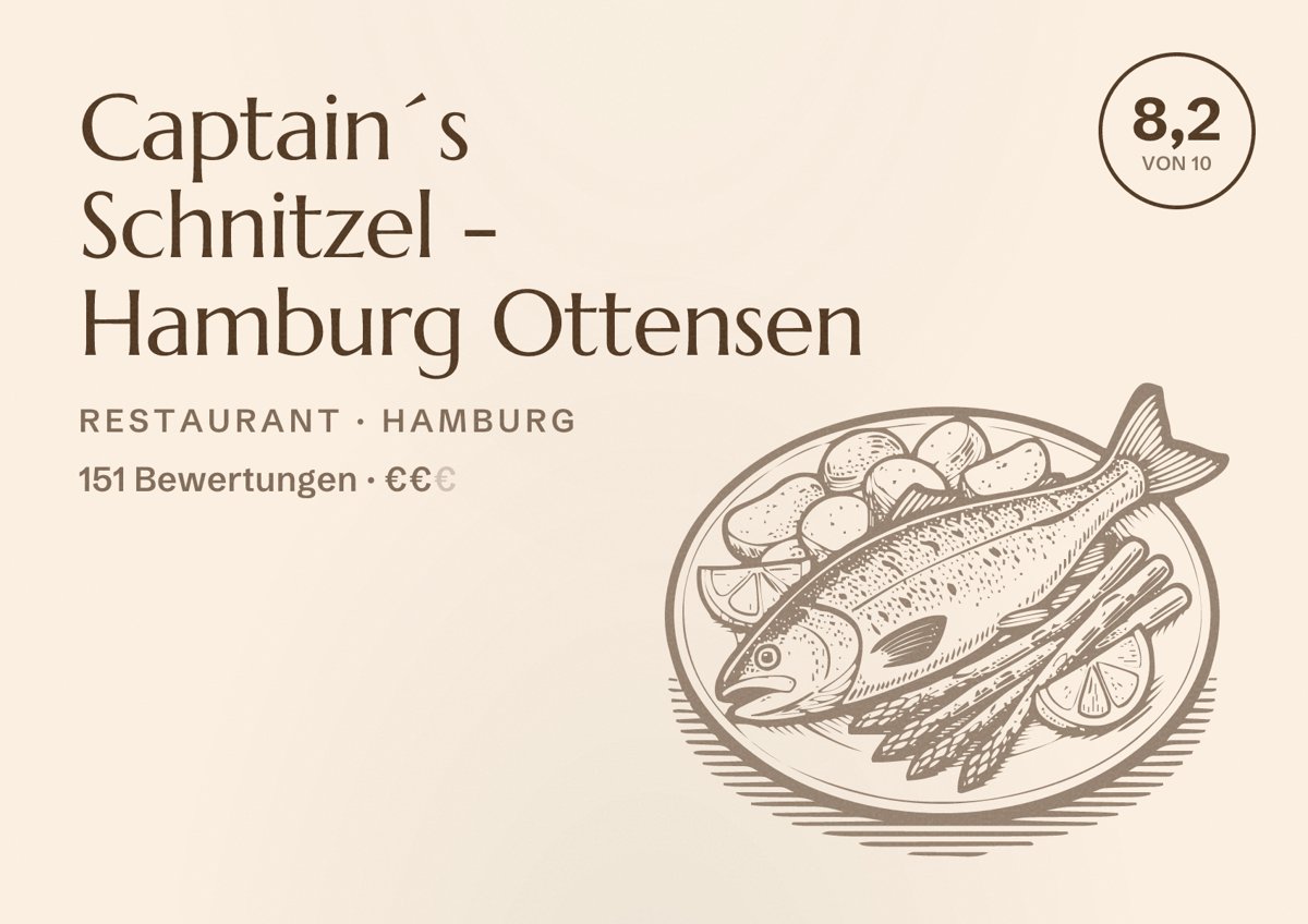 Illustriertes Poster von Captain´s Schnitzel - Hamburg Ottensen, Restaurant in Hamburg: Bewertung 8,2 von 10 aus 151 Bewertungen, Preisniveau €€