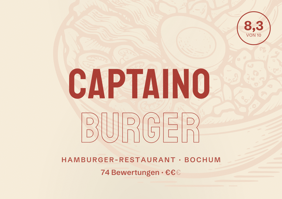 Illustriertes Poster von Captaino Burger, Hamburger-Restaurant in Bochum: Bewertung 8,3 von 10 aus 74 Bewertungen, Preisniveau €€