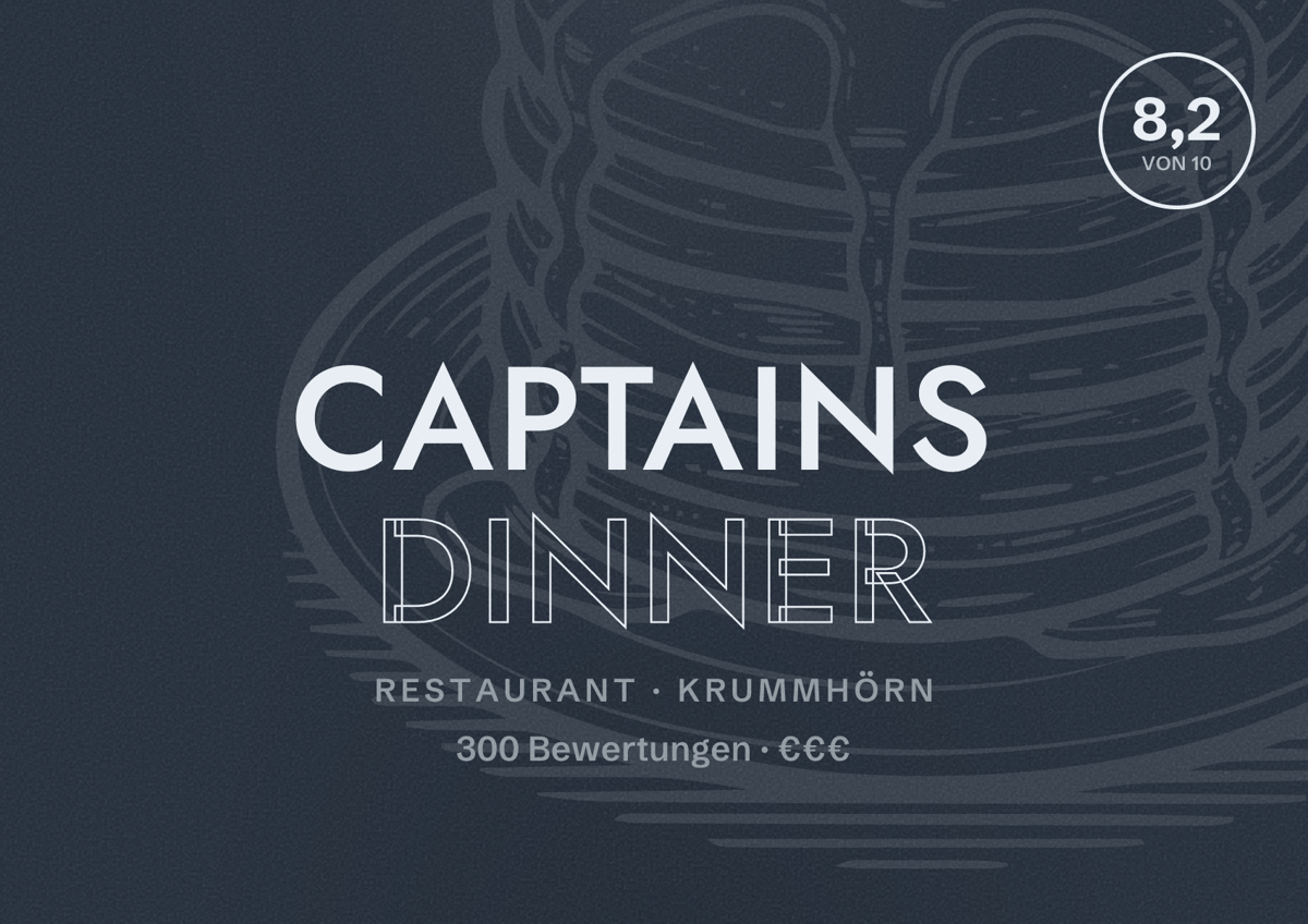 Illustriertes Poster von Captains Dinner, Restaurant in Krummhörn: Bewertung 8,2 von 10 aus 300 Bewertungen, Preisniveau €€€