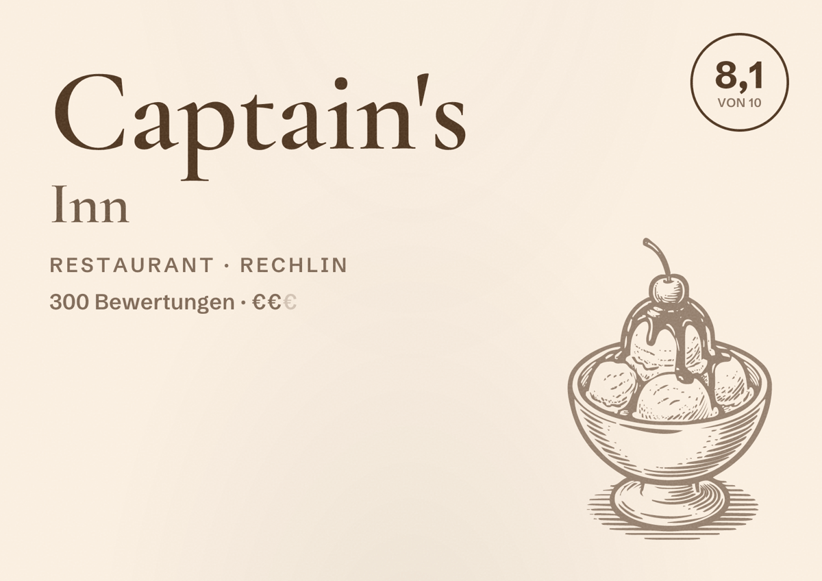 Illustriertes Poster von Captain's Inn, Restaurant in Rechlin: Bewertung 8,1 von 10 aus 300 Bewertungen, Preisniveau €€