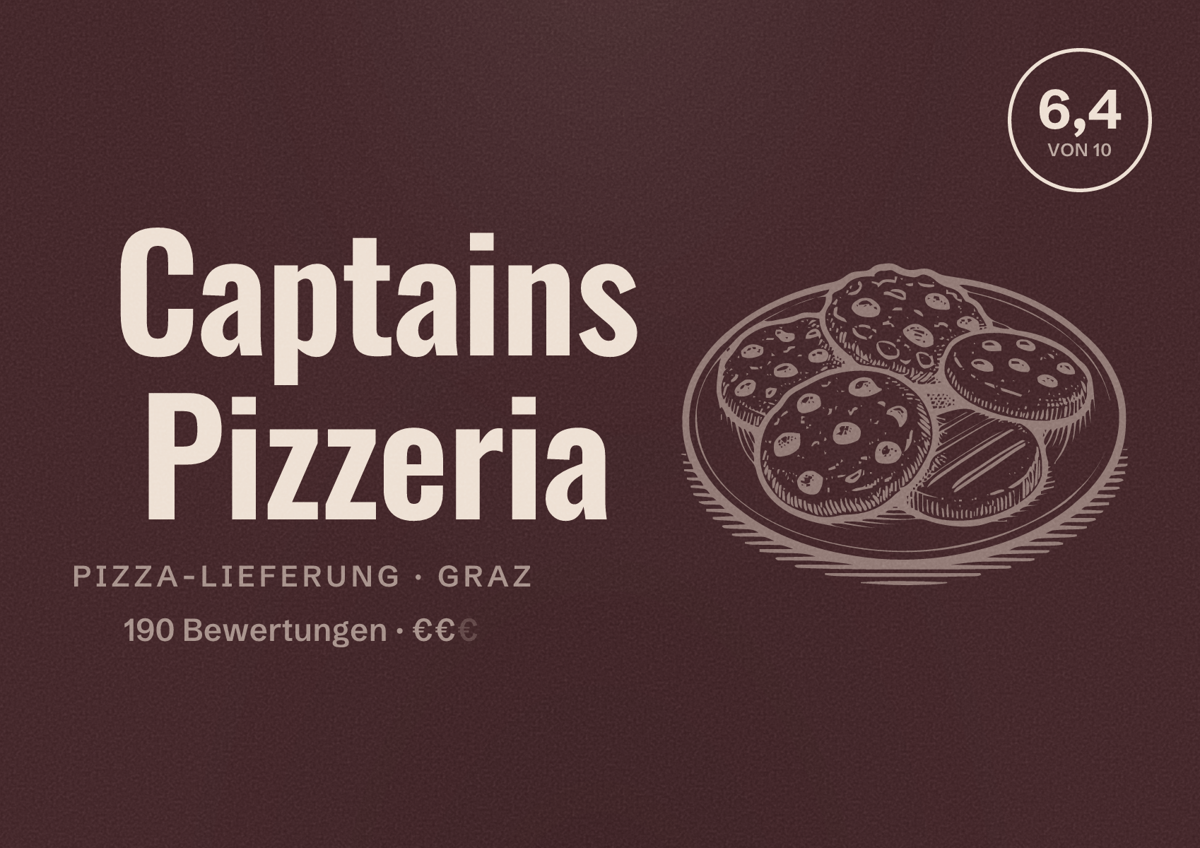 Illustriertes Poster von Captains Pizzeria, Pizza-Lieferung in Graz: Bewertung 6,4 von 10 aus 190 Bewertungen, Preisniveau €€