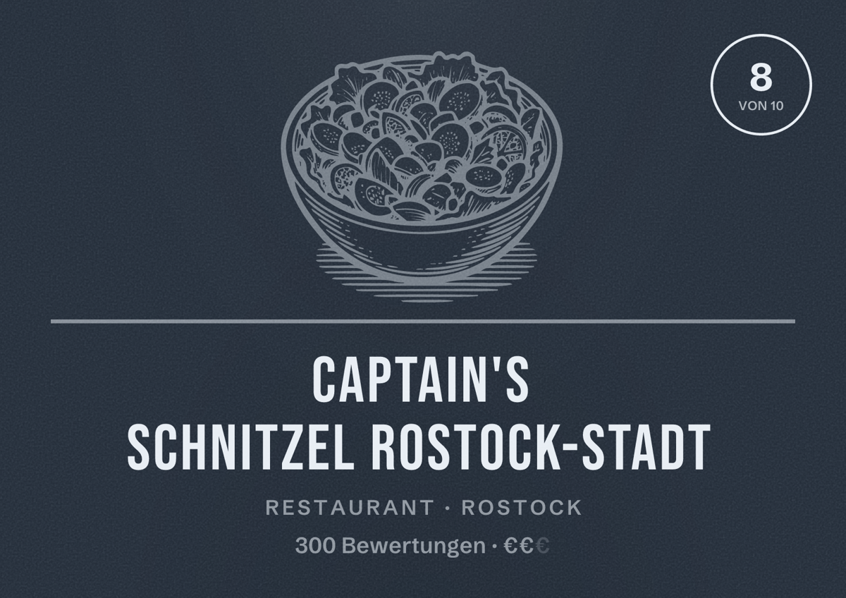 Illustriertes Poster von Captain's Schnitzel Rostock-Stadt, Restaurant in Rostock: Bewertung 8 von 10 aus 300 Bewertungen, Preisniveau €€
