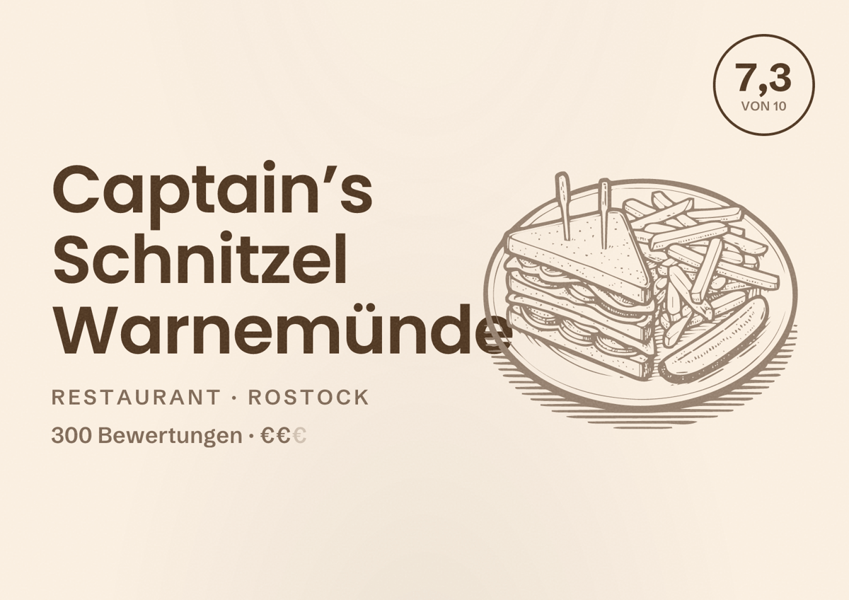 Illustriertes Poster von Captain’s Schnitzel Warnemünde, Restaurant in Rostock: Bewertung 7,3 von 10 aus 300 Bewertungen, Preisniveau €€