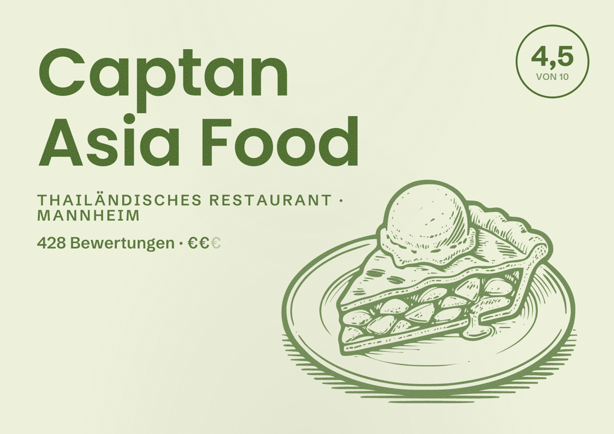 Illustriertes Poster von Captan Asia Food, Thailändisches Restaurant in Mannheim: Bewertung 4,5 von 10 aus 428 Bewertungen, Preisniveau €€