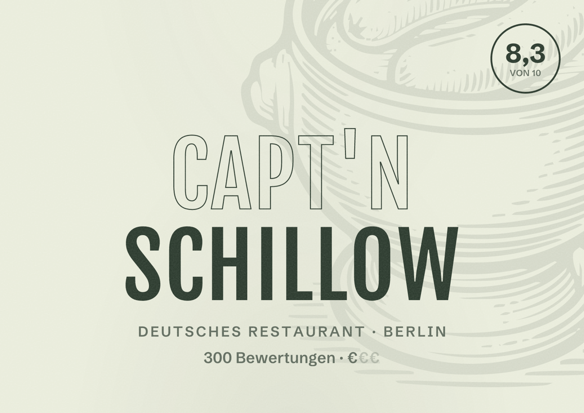 Illustriertes Poster von Capt'n Schillow, Deutsches Restaurant in Berlin: Bewertung 8,3 von 10 aus 300 Bewertungen, Preisniveau €