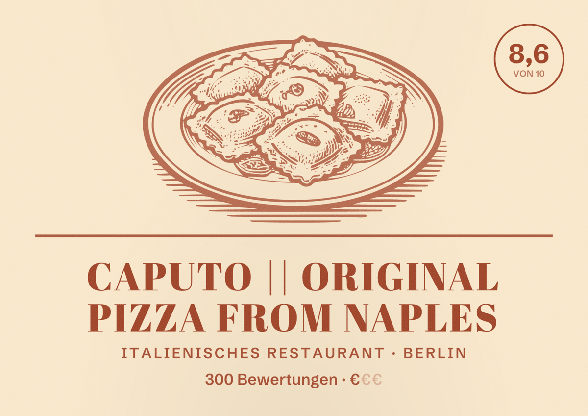 Illustriertes Poster von Caputo || Original pizza from Naples, Italienisches Restaurant in Berlin: Bewertung 8,6 von 10 aus 300 Bewertungen, Preisniveau €