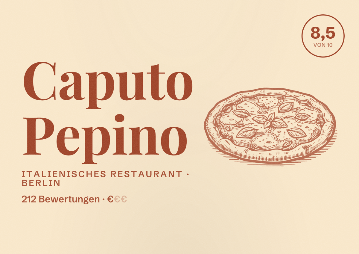 Illustriertes Poster von Caputo Pepino, Italienisches Restaurant in Berlin: Bewertung 8,5 von 10 aus 212 Bewertungen, Preisniveau €