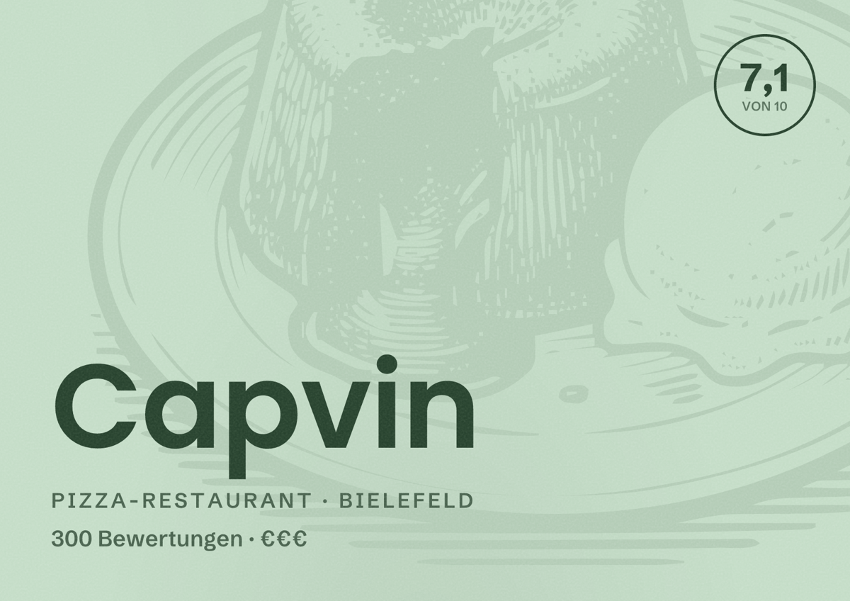 Illustriertes Poster von Capvin, Pizza-Restaurant in Bielefeld: Bewertung 7,1 von 10 aus 300 Bewertungen, Preisniveau €€€