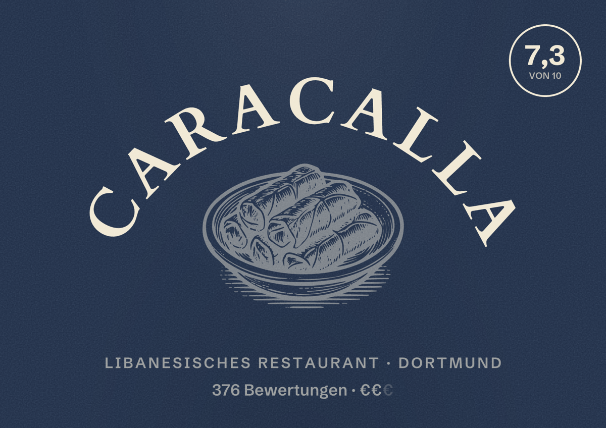 Illustriertes Poster von Caracalla, Libanesisches Restaurant in Dortmund: Bewertung 7,3 von 10 aus 376 Bewertungen, Preisniveau €€