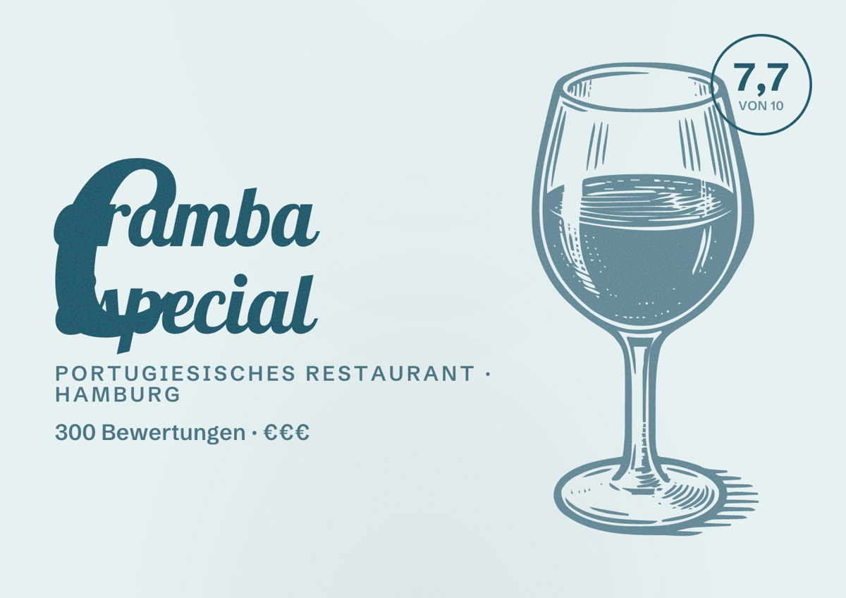 Illustriertes Poster von Caramba Especial, Portugiesisches Restaurant in Hamburg: Bewertung 7,7 von 10 aus 300 Bewertungen, Preisniveau €€€