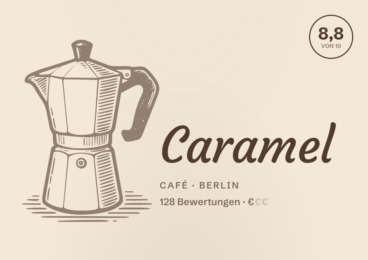 Illustriertes Poster von Caramel, Café in Berlin: Bewertung 8,8 von 10 aus 128 Bewertungen, Preisniveau €