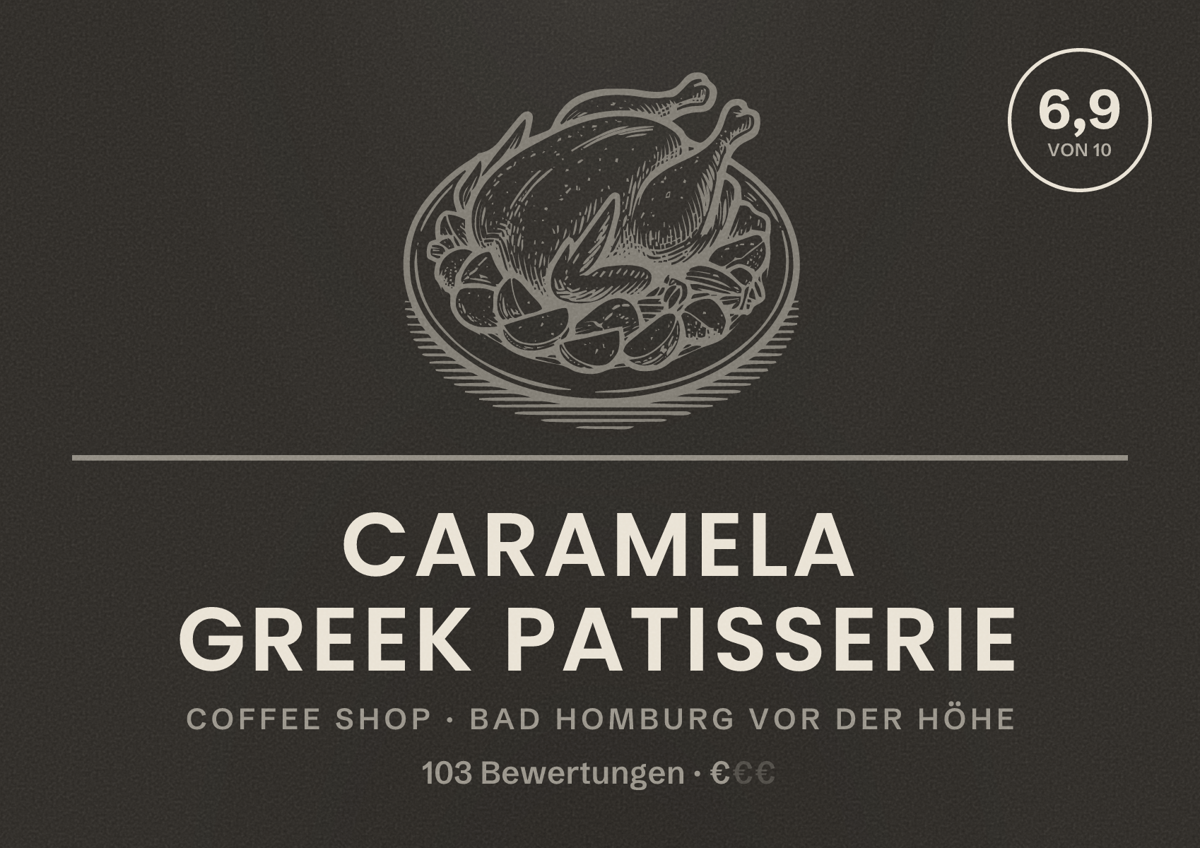 Illustriertes Poster von Caramela Greek Patisserie, Coffee Shop in Bad Homburg vor der Höhe: Bewertung 6,9 von 10 aus 103 Bewertungen, Preisniveau €