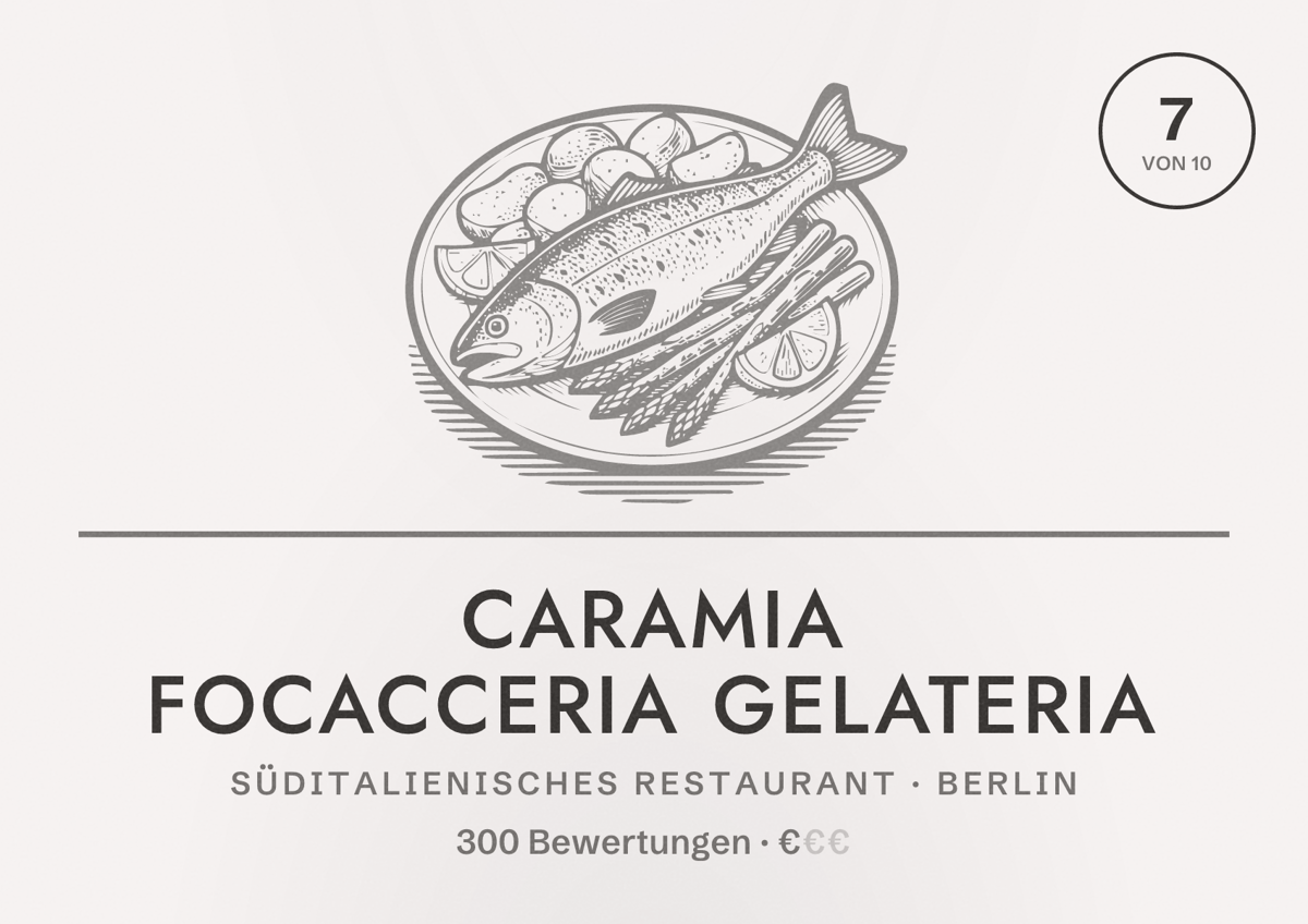Illustriertes Poster von caramia Focacceria Gelateria, Süditalienisches Restaurant in Berlin: Bewertung 7,0 von 10 aus 300 Bewertungen, Preisniveau €