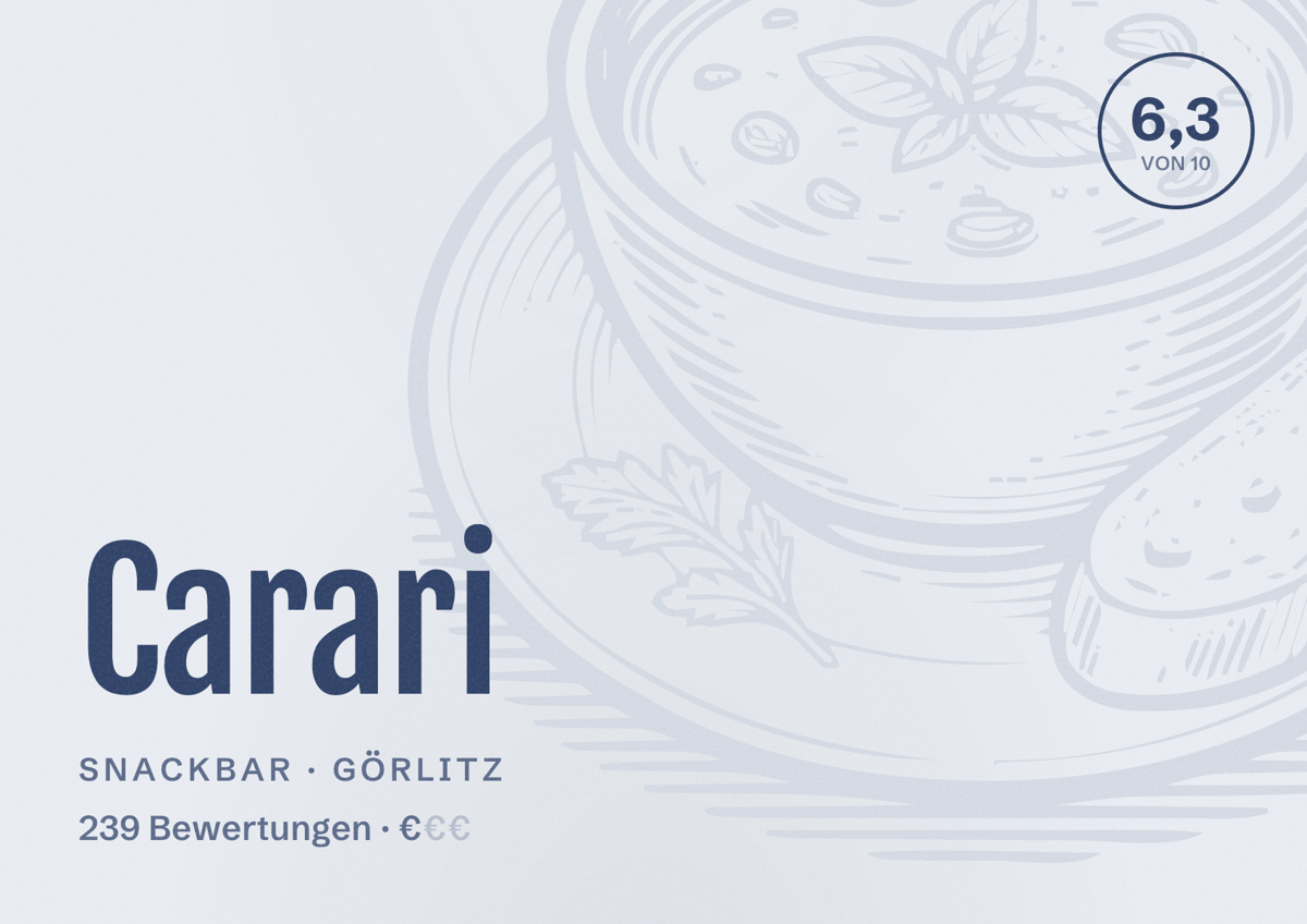 Illustriertes Poster von Carari, Snackbar in Görlitz: Bewertung 6,3 von 10 aus 239 Bewertungen, Preisniveau €