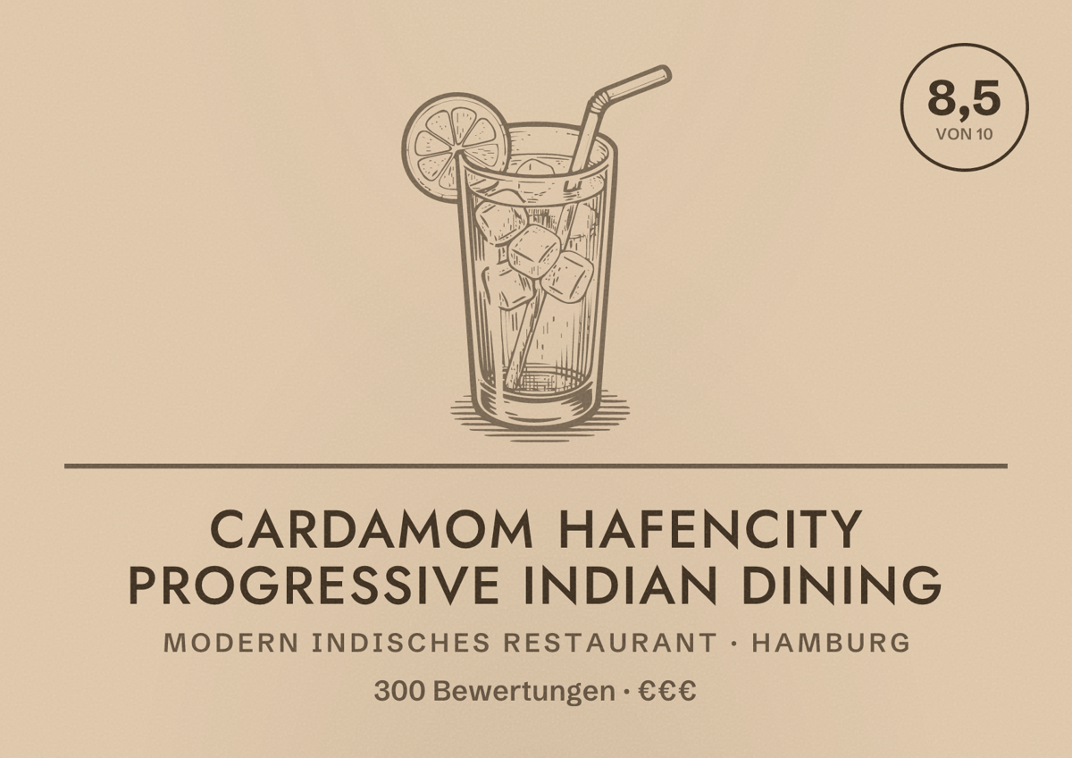 Illustriertes Poster von Cardamom HafenCity Progressive Indian Dining, Modern indisches Restaurant in Hamburg: Bewertung 8,5 von 10 aus 300 Bewertungen, Preisniveau €€€