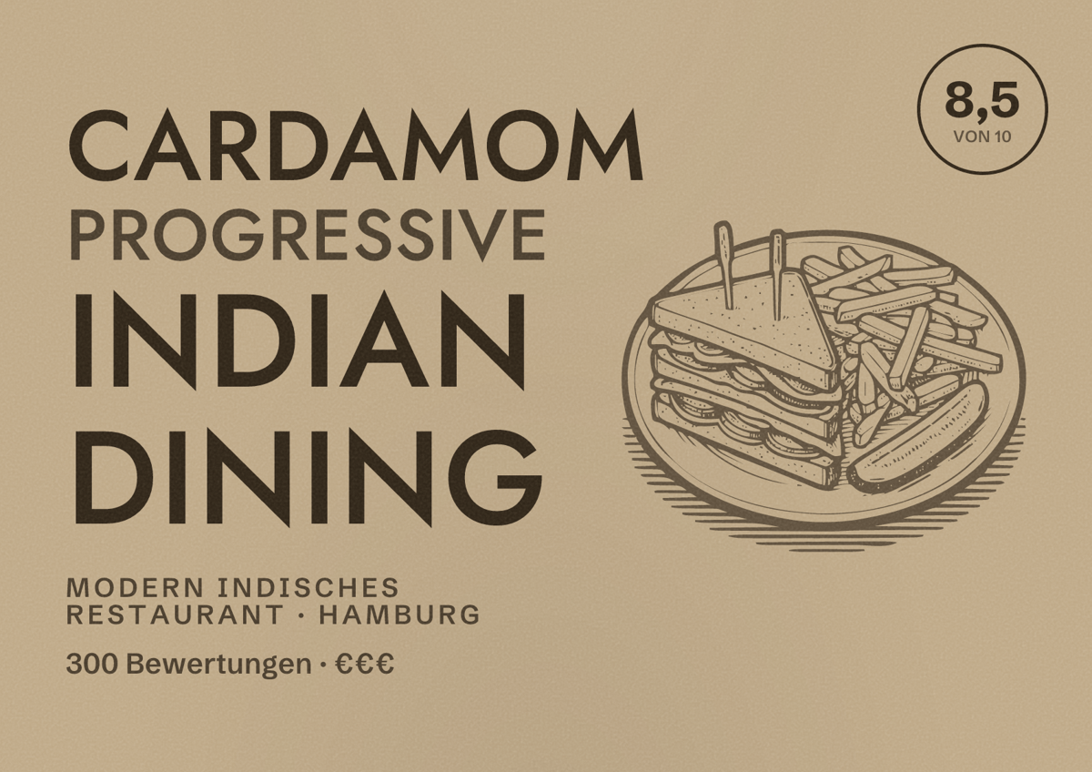 Illustriertes Poster von Cardamom Progressive Indian Dining, Modern indisches Restaurant in Hamburg: Bewertung 8,5 von 10 aus 300 Bewertungen, Preisniveau €€€