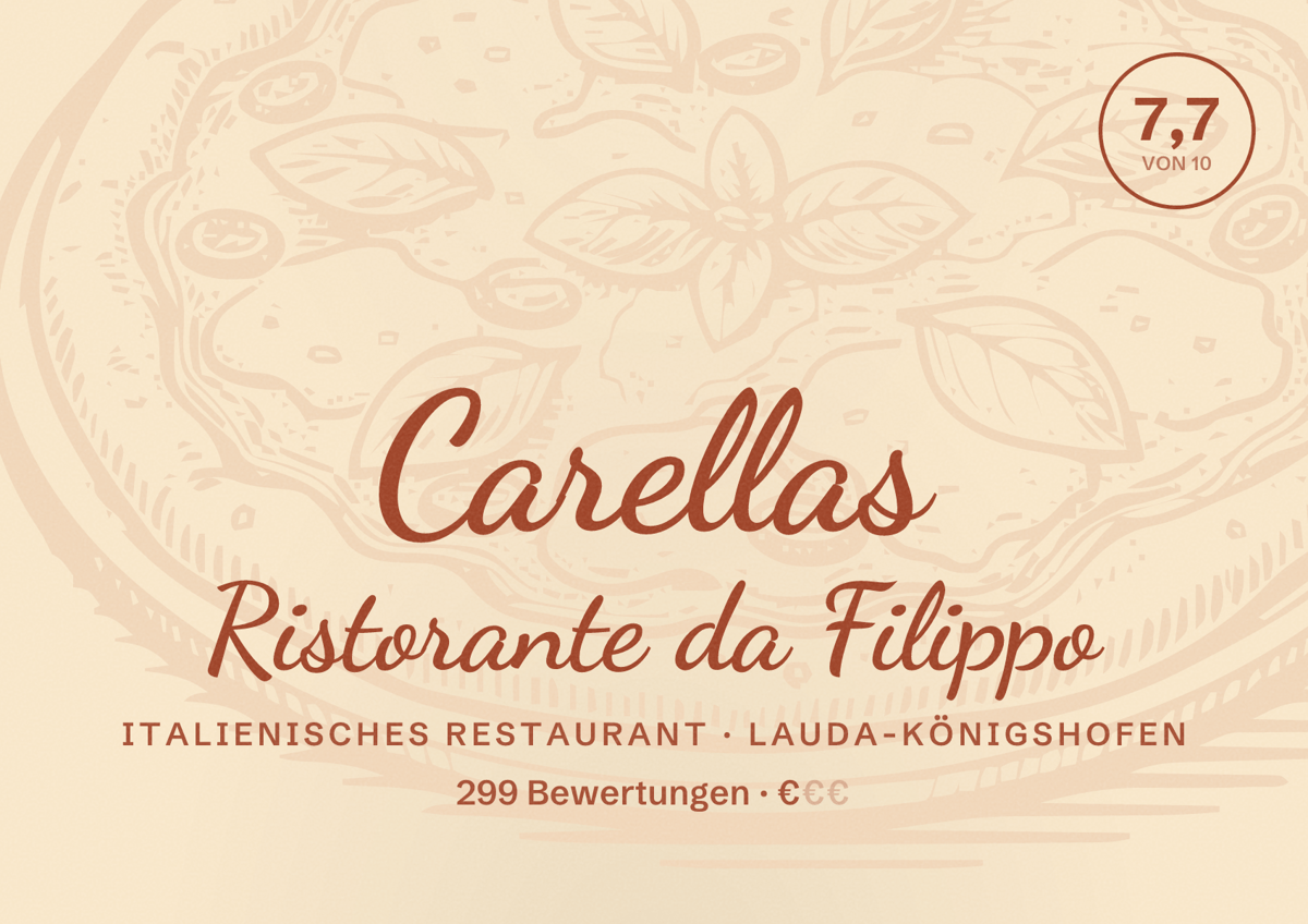Illustriertes Poster von Carellas Ristorante da Filippo, Italienisches Restaurant in Lauda-Königshofen: Bewertung 7,7 von 10 aus 299 Bewertungen, Preisniveau €