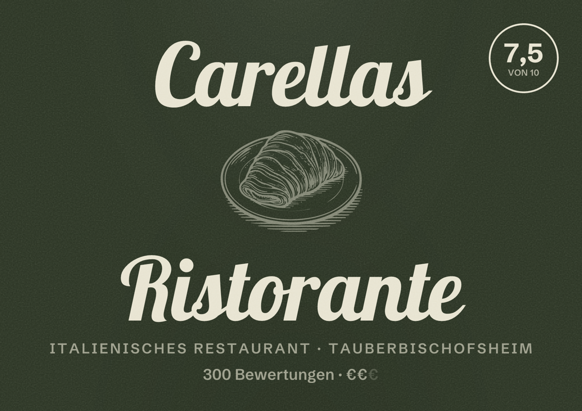 Illustriertes Poster von Carellas Ristorante, Italienisches Restaurant in Tauberbischofsheim: Bewertung 7,5 von 10 aus 300 Bewertungen, Preisniveau €€