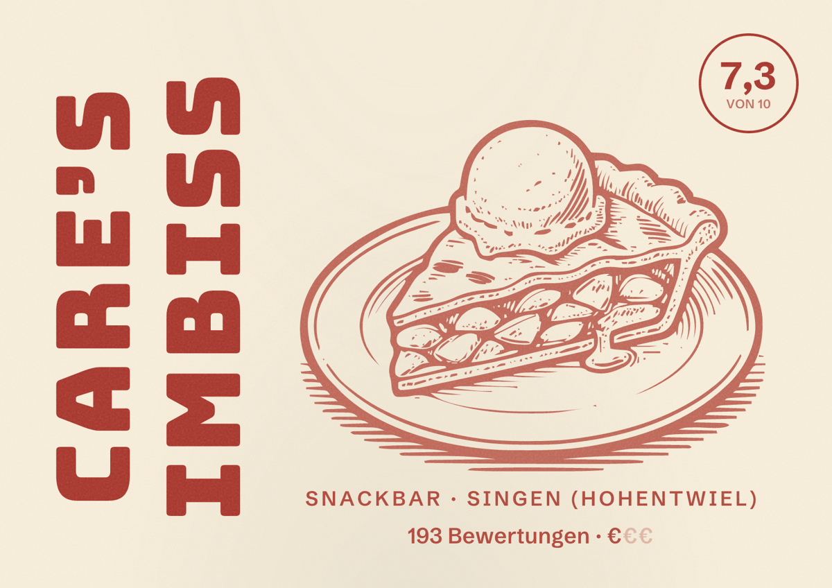 Illustriertes Poster von Care’s imbiss, Snackbar in Singen (Hohentwiel): Bewertung 7,3 von 10 aus 193 Bewertungen, Preisniveau €