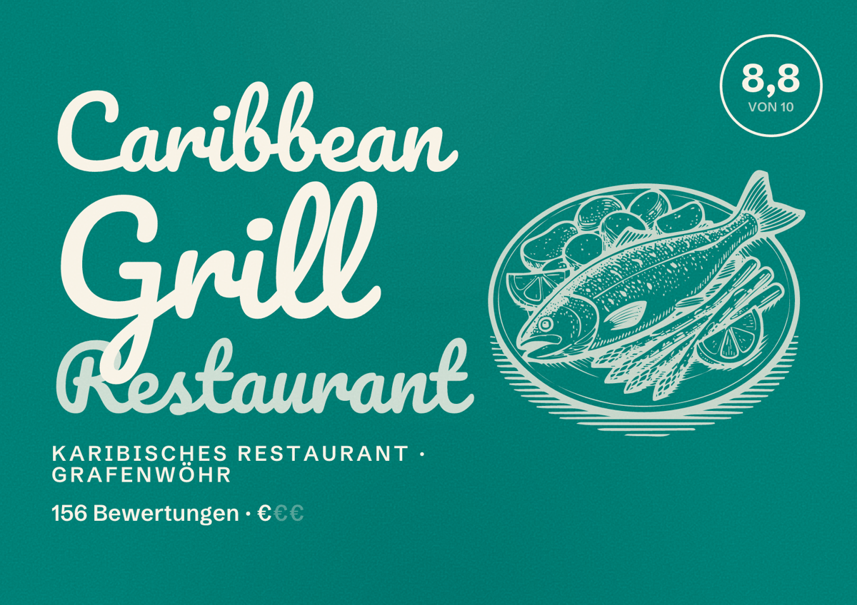 Illustriertes Poster von Caribbean Grill Restaurant, Karibisches Restaurant in Grafenwöhr: Bewertung 8,8 von 10 aus 156 Bewertungen, Preisniveau €