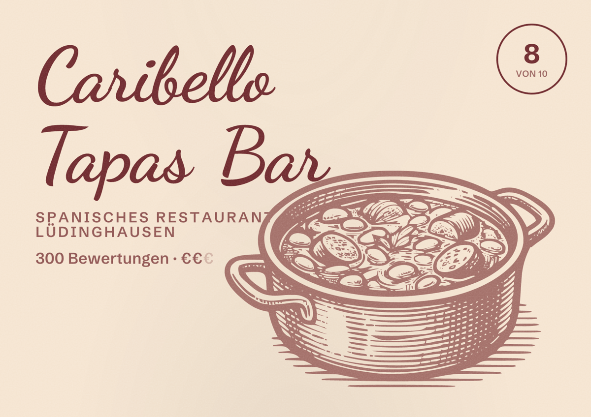 Illustriertes Poster von Caribello Tapas Bar, Spanisches Restaurant in Lüdinghausen: Bewertung 8 von 10 aus 300 Bewertungen, Preisniveau €€