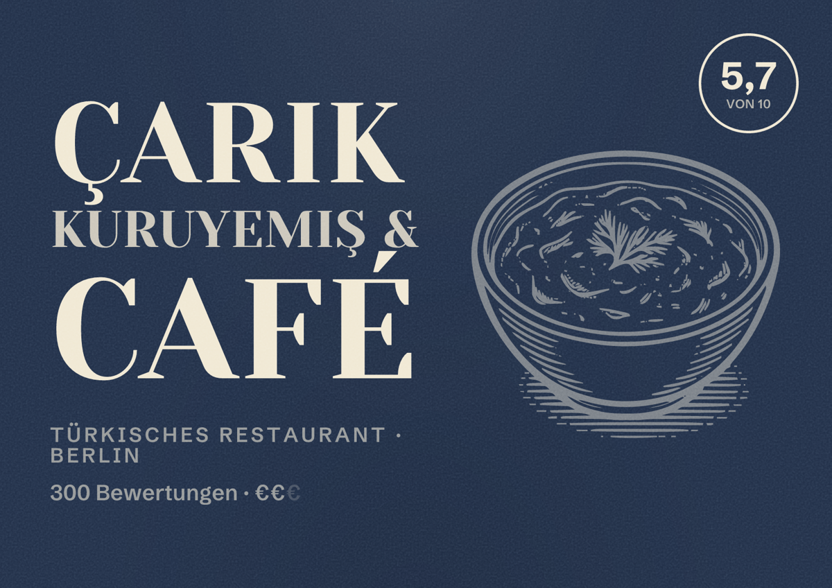 Illustriertes Poster von Çarik Kuruyemiş & Café, Türkisches Restaurant in Berlin: Bewertung 5,7 von 10 aus 300 Bewertungen, Preisniveau €€