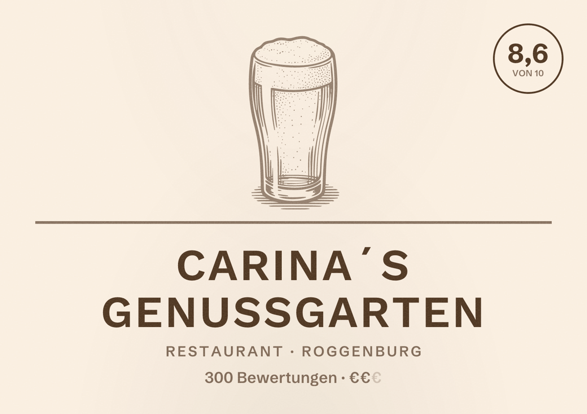 Illustriertes Poster von Carina´s Genussgarten, Restaurant in Roggenburg: Bewertung 8,6 von 10 aus 300 Bewertungen, Preisniveau €€