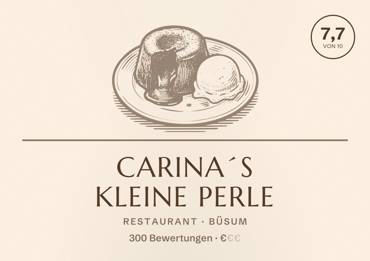 Illustriertes Poster von Carina´s kleine Perle, Restaurant in Büsum: Bewertung 7,7 von 10 aus 300 Bewertungen, Preisniveau €