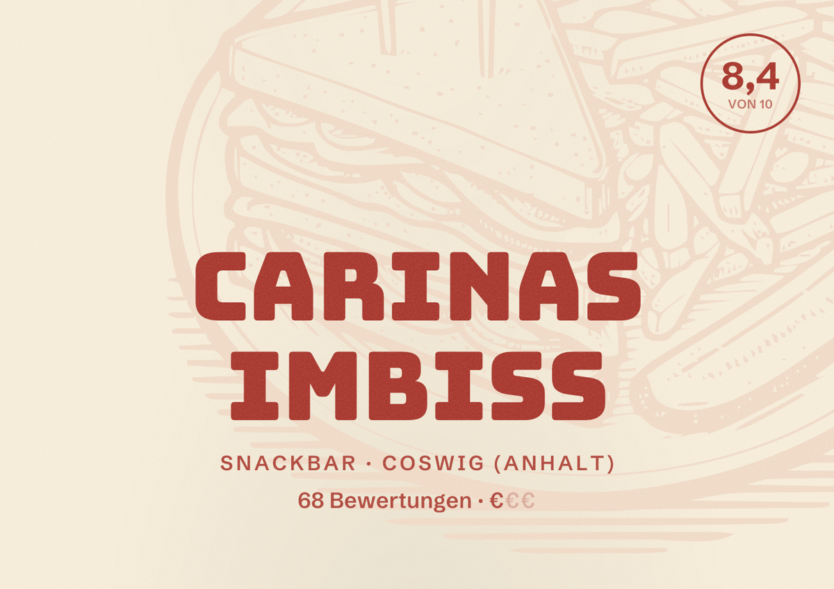Illustriertes Poster von Carinas Imbiss, Snackbar in Coswig (Anhalt): Bewertung 8,4 von 10 aus 68 Bewertungen, Preisniveau €