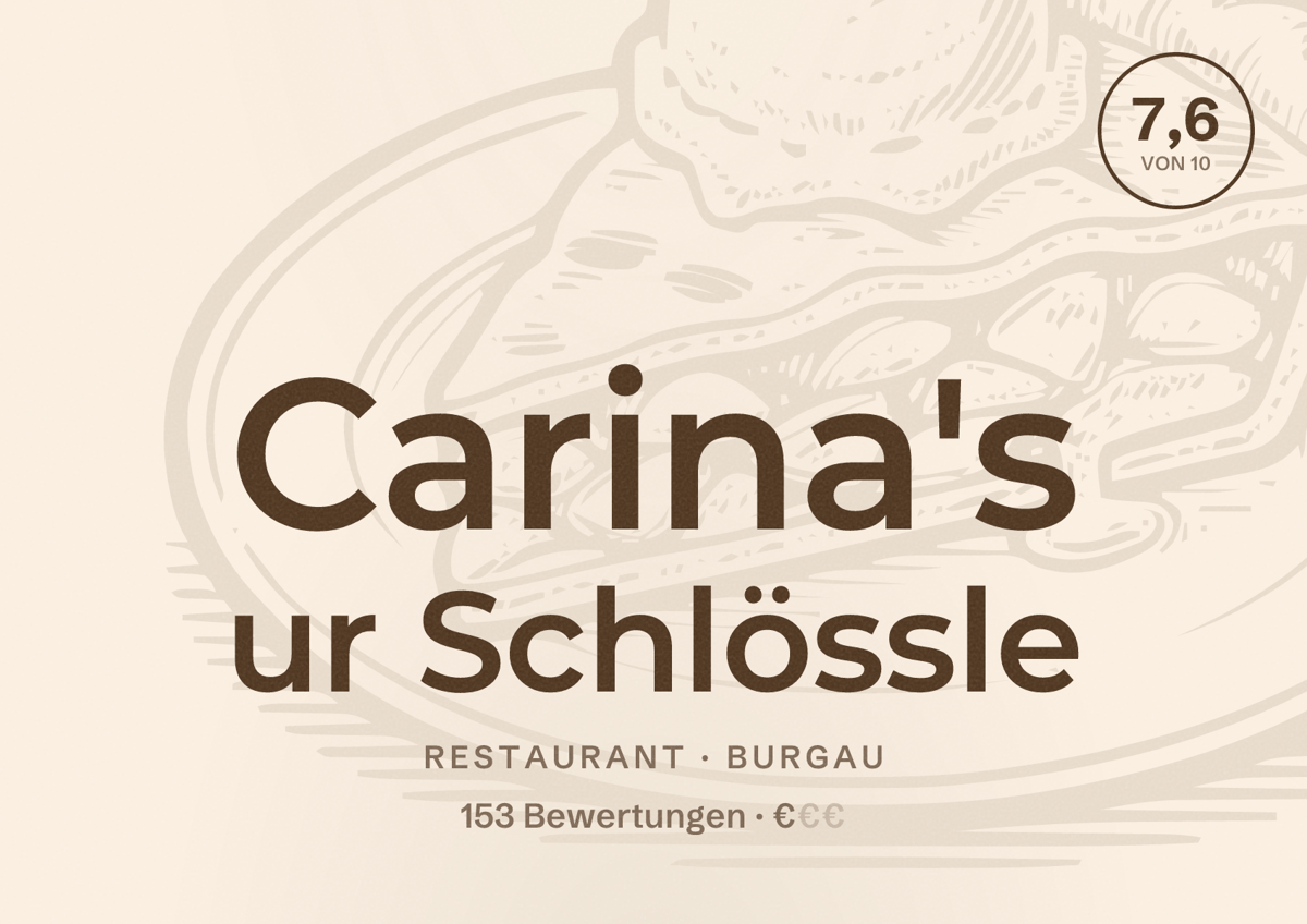 Illustriertes Poster von Carina's ur Schlössle, Restaurant in Burgau: Bewertung 7,6 von 10 aus 153 Bewertungen, Preisniveau €