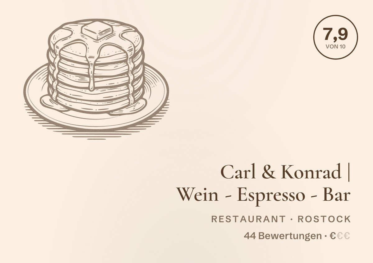 Illustriertes Poster von Carl & Konrad | Wein - Espresso - Bar, Restaurant in Rostock: Bewertung 7,9 von 10 aus 44 Bewertungen, Preisniveau €