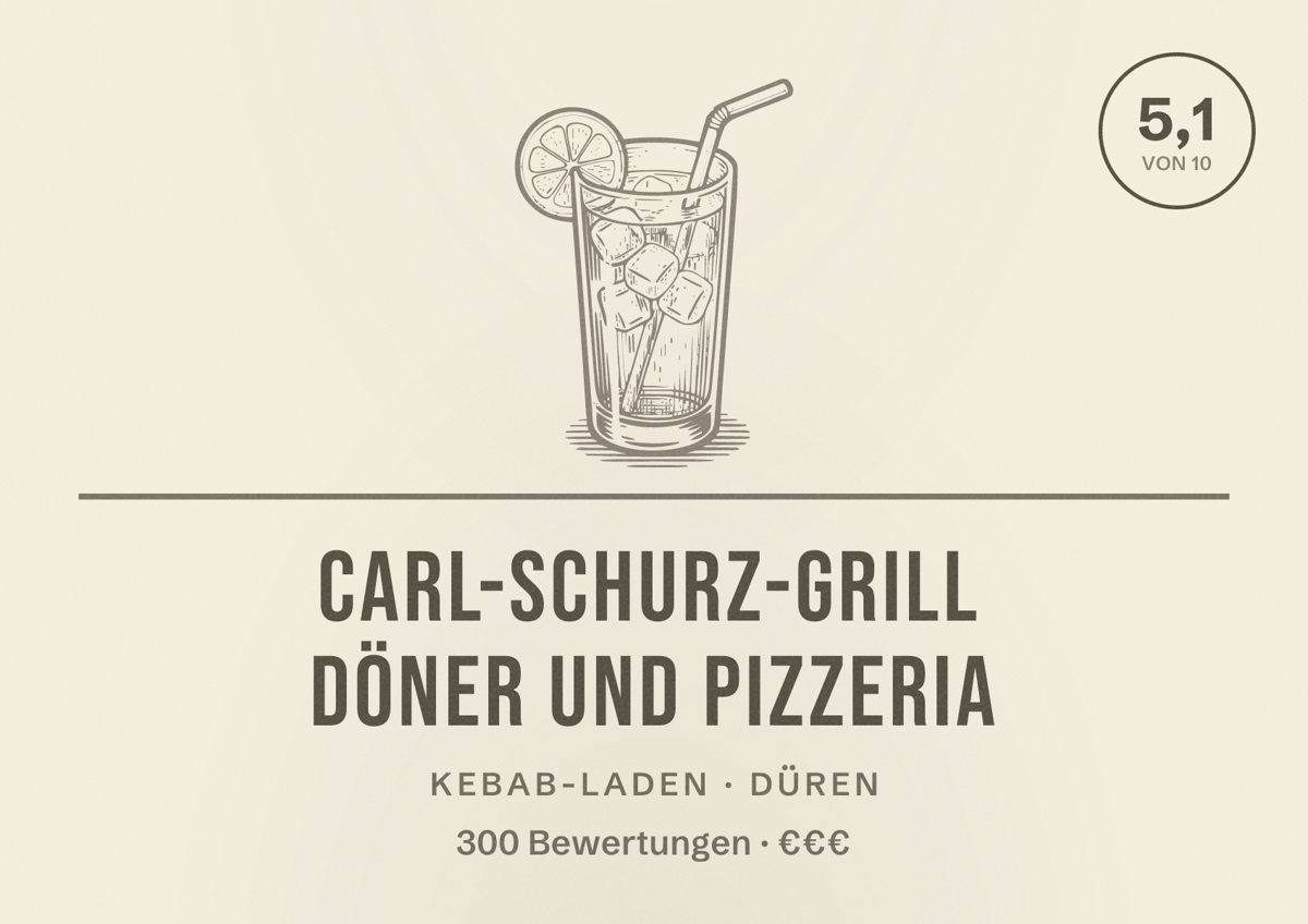 Illustriertes Poster von Carl-Schurz-Grill Döner und Pizzeria, Kebab-Laden in Düren: Bewertung 5,1 von 10 aus 300 Bewertungen, Preisniveau €€€