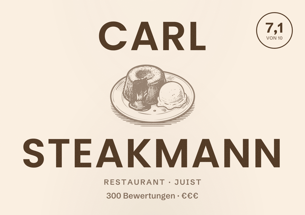 Illustriertes Poster von Carl Steakmann, Restaurant in Juist: Bewertung 7,1 von 10 aus 300 Bewertungen, Preisniveau €€€