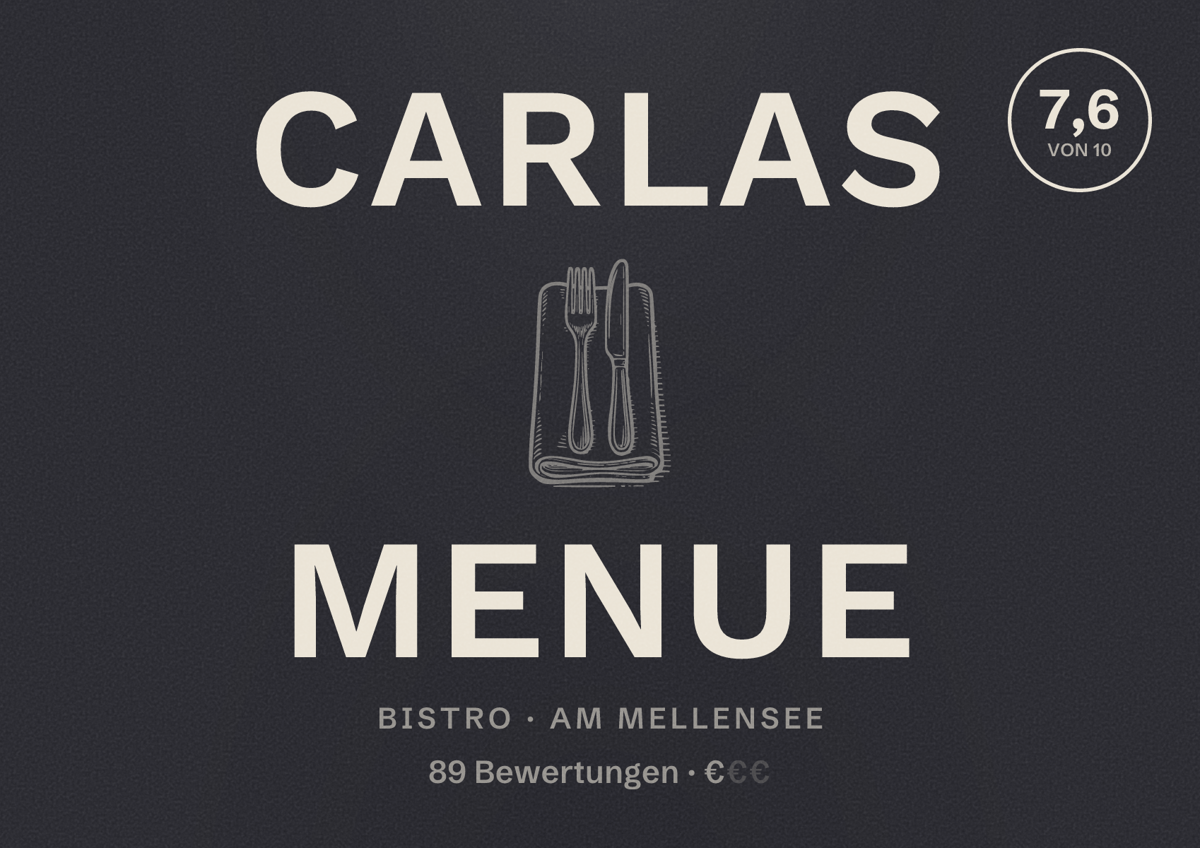 Illustriertes Poster von Carlas Menue, Bistro in Am Mellensee: Bewertung 7,6 von 10 aus 89 Bewertungen, Preisniveau €