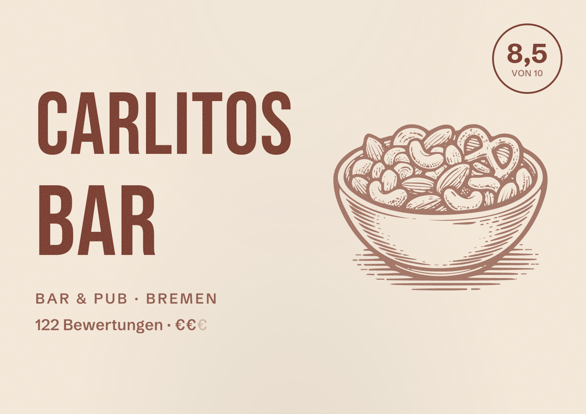 Illustriertes Poster von Carlitos Bar, Bar & Pub in Bremen: Bewertung 8,5 von 10 aus 122 Bewertungen, Preisniveau €€